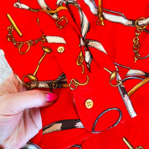 Talbots Red & Gold Equestrian Stretch Cotton Button Up Blouse Size 6 NWT - Picture 7 of 10